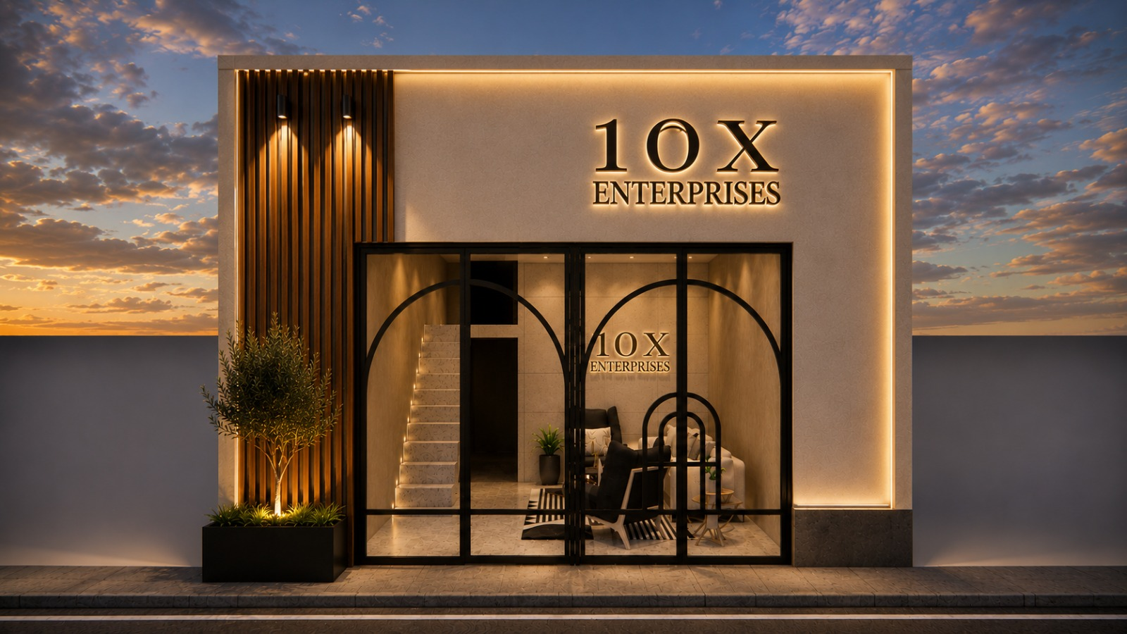 10X Enterprises contemporary commercial building exterior at dusk