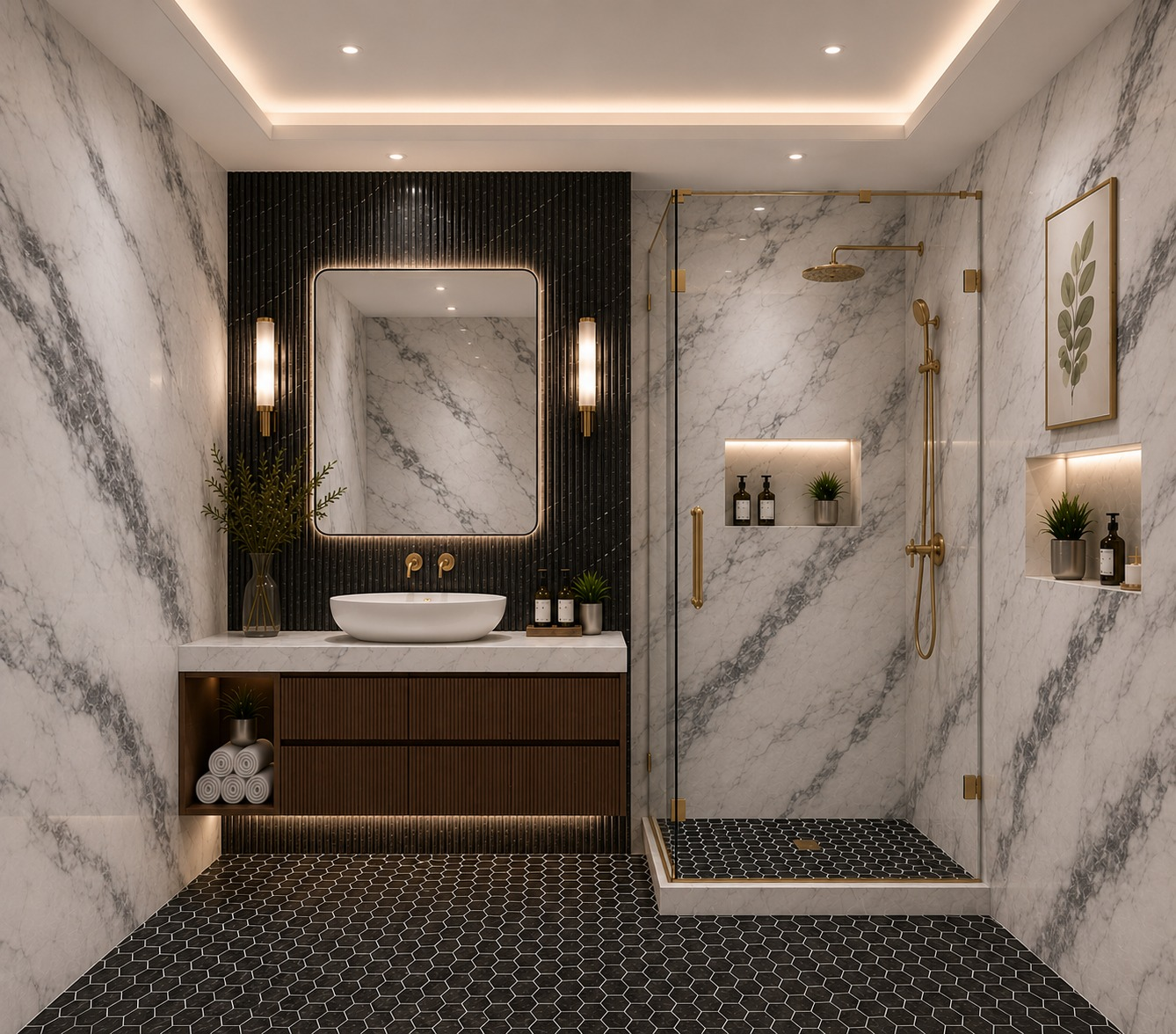 Luxury marble bathroom interior with illuminated vanity and glass shower
