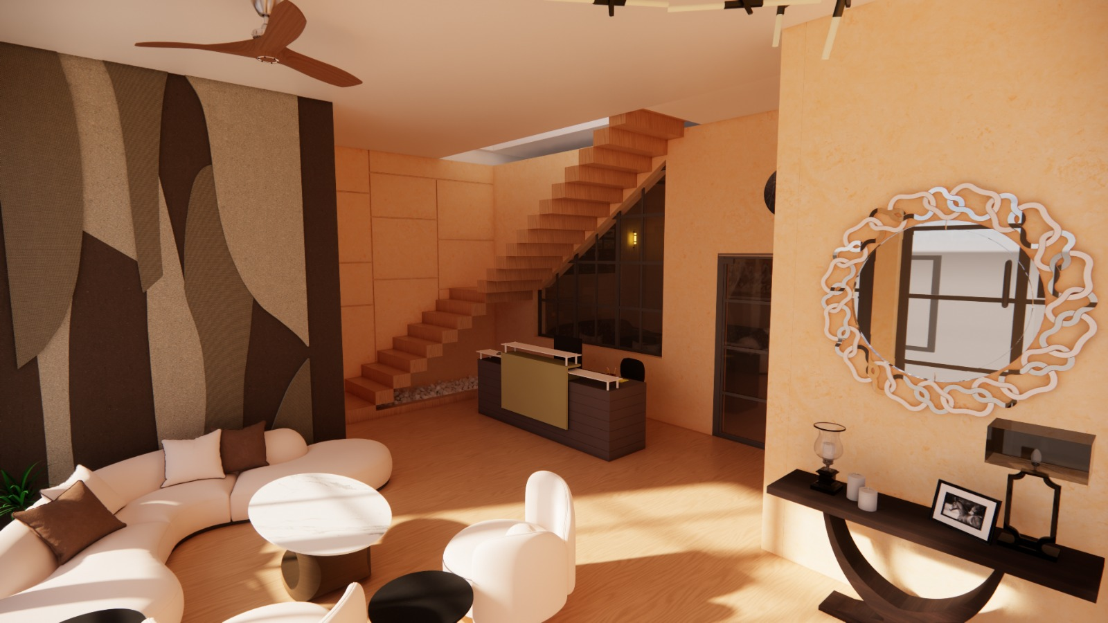 Contemporary residence living room with sculptural seating and floating staircase